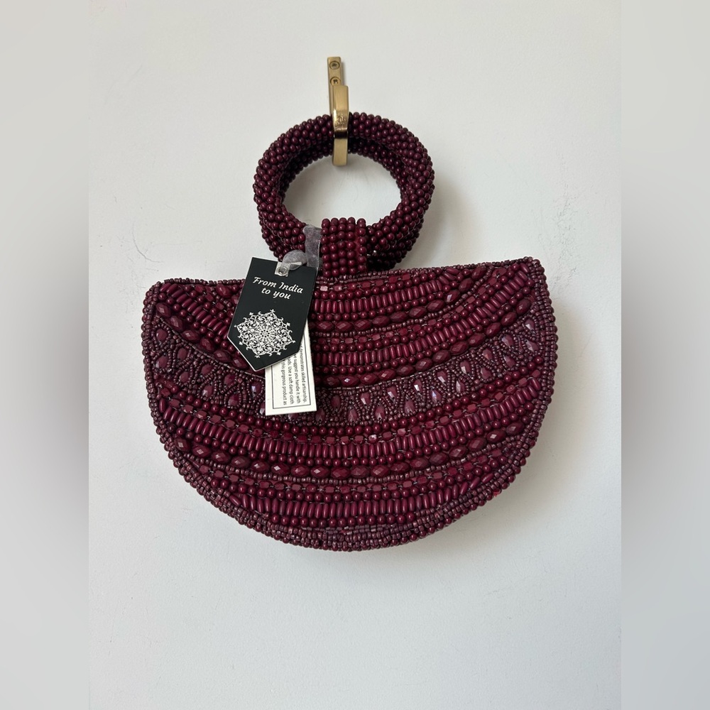 Viral Beaded Burgundy Half circle crossbody bag - Picture 2 of 4